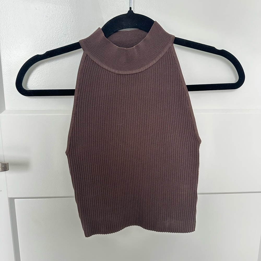 Babaton Ribbed Mock Neck Crop Top in Brown